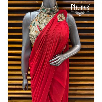 Red & Gold Heavy Net Blouse Paired With Lycra Drape Saree