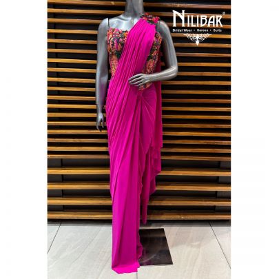Hot Pink Silk Corset Blouse Paired With Lycra Drape Saree