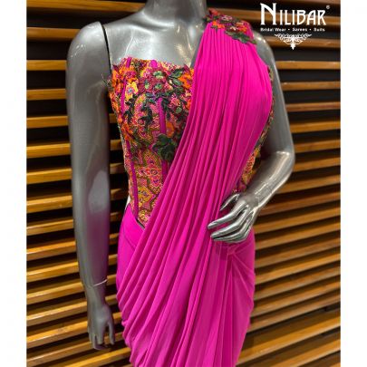 Hot Pink Silk Corset Blouse Paired With Lycra Drape Saree
