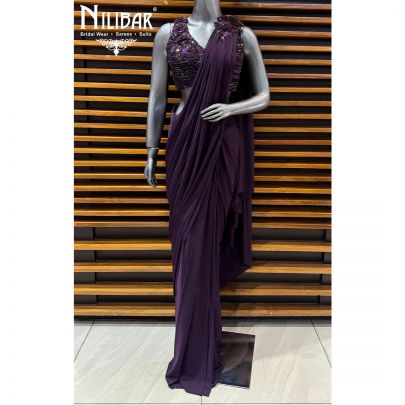 Dark Purple Net Embellished Blouse Paired With Lycra Drape Saree