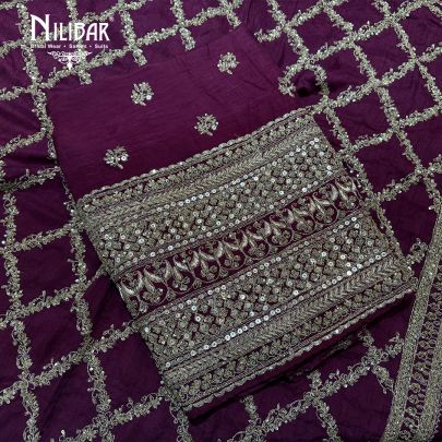 Wine Silk Heavy Embroidered Shirt & Dupatta Paired With Plain Bottom
