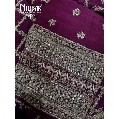 Wine Silk Heavy Embroidered Shirt & Dupatta Paired With Plain Bottom