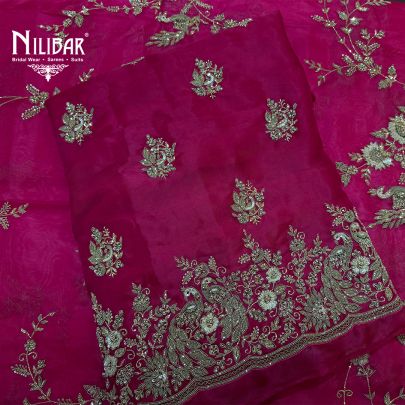 Hot Pink Organza Heavy Embroidered Shirt & Dupatta Paired With Crepe Plain Bottom