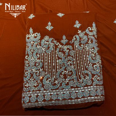 Rust Velvet Heavy Embroidered Shirt & Dupatta Paired With Plain Bottom