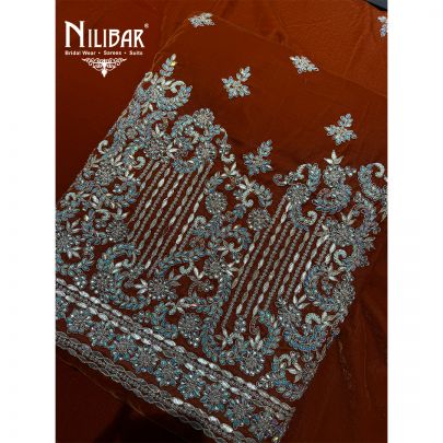 Rust Velvet Heavy Embroidered Shirt & Dupatta Paired With Plain Bottom