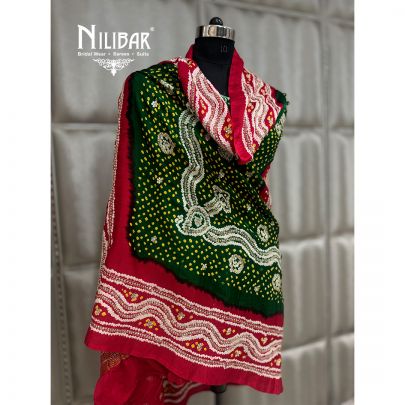 Red & Green Tebi Silk Bandhani Dupatta