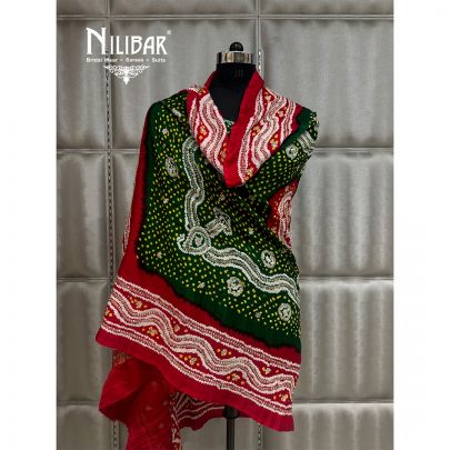 Red & Green Tebi Silk Bandhani Dupatta
