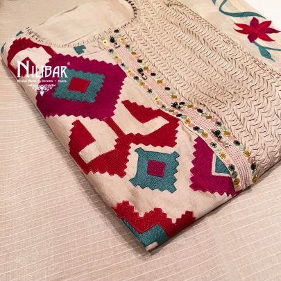Champagne Beige, Fuchsia Pink, Red & Teal Accents Silk Unstitched Embroidered Suit