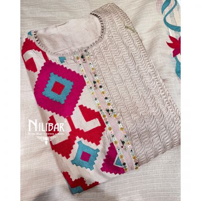 Champagne Beige, Fuchsia Pink, Red & Teal Accents Silk Unstitched Embroidered Suit