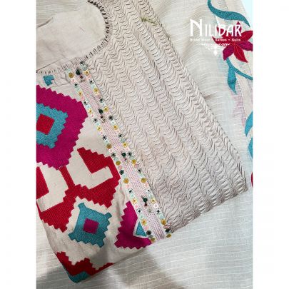 Champagne Beige, Fuchsia Pink, Red & Teal Accents Silk Unstitched Embroidered Suit