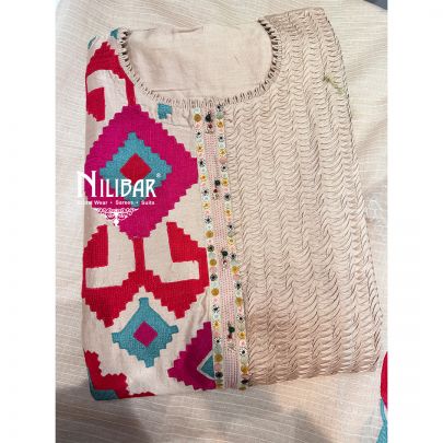 Champagne Beige, Fuchsia Pink, Red & Teal Accents Silk Unstitched Embroidered Suit