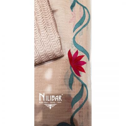 Champagne Beige, Fuchsia Pink, Red & Teal Accents Silk Unstitched Embroidered Suit