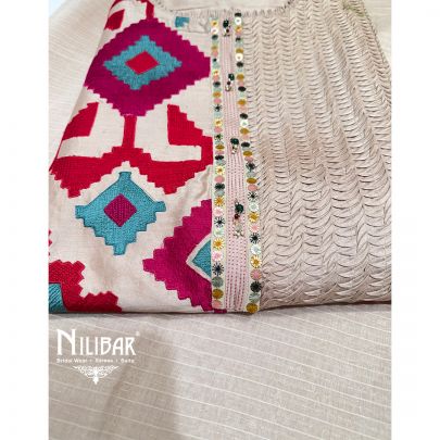 Champagne Beige, Fuchsia Pink, Red & Teal Accents Silk Unstitched Embroidered Suit