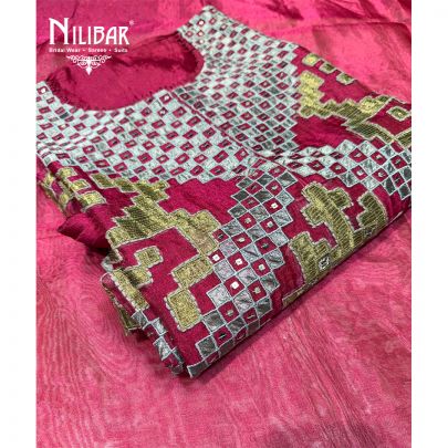 Red Silk Unstitched Embroidered Suit