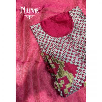 Red Silk Unstitched Embroidered Suit
