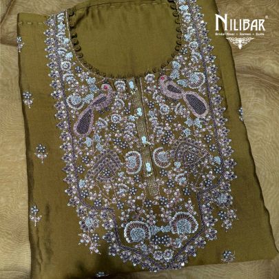 Olive Green Silk Unstitched Embroidered Suit