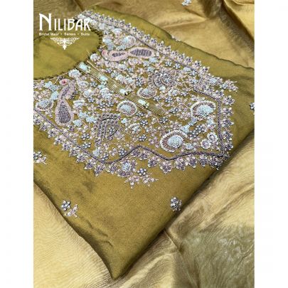 Olive Green Silk Unstitched Embroidered Suit