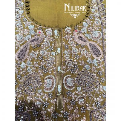 Olive Green Silk Unstitched Embroidered Suit