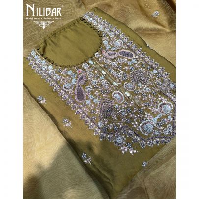 Olive Green Silk Unstitched Embroidered Suit