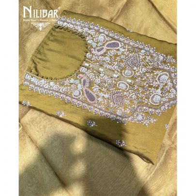 Olive Green Silk Unstitched Embroidered Suit