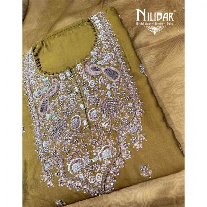 Olive Green Silk Unstitched Embroidered Suit