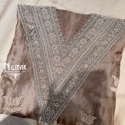 Grey Silk Unstitched Embroidered Suit