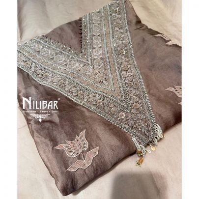 Grey Silk Unstitched Embroidered Suit