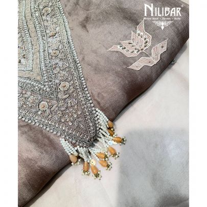 Grey Silk Unstitched Embroidered Suit