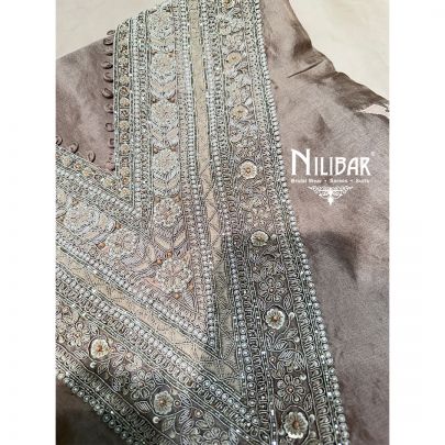 Grey Silk Unstitched Embroidered Suit