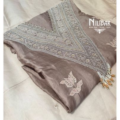 Grey Silk Unstitched Embroidered Suit