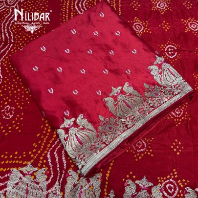 Red Silk Unstitched Suit Paired With Crepe Bottom & Bandhani Dupatta