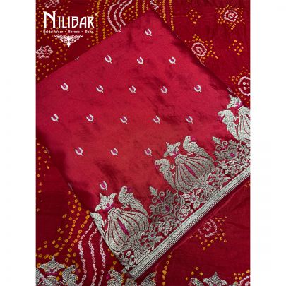 Red Silk Unstitched Suit Paired With Crepe Bottom & Bandhani Dupatta