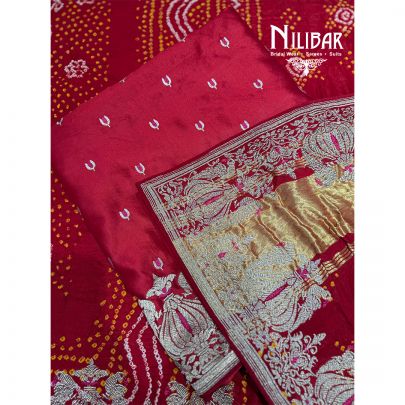 Red Silk Unstitched Suit Paired With Crepe Bottom & Bandhani Dupatta