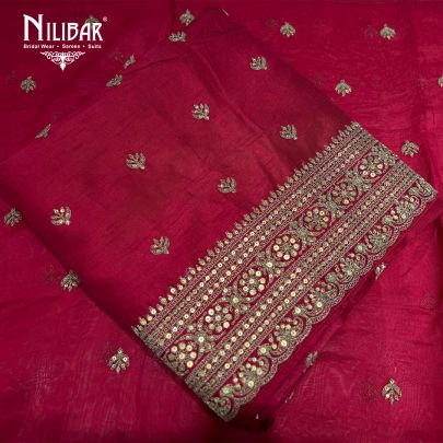 Red Silk Unstitched Suit Paired With Silk Bottom & Organza Dupatta