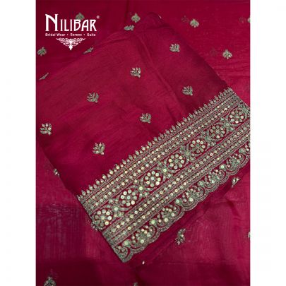 Red Silk Unstitched Suit Paired With Silk Bottom & Organza Dupatta