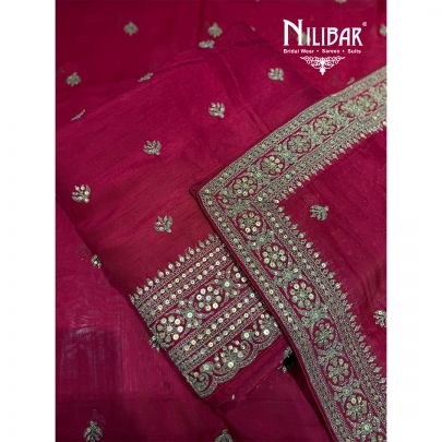 Red Silk Unstitched Suit Paired With Silk Bottom & Organza Dupatta