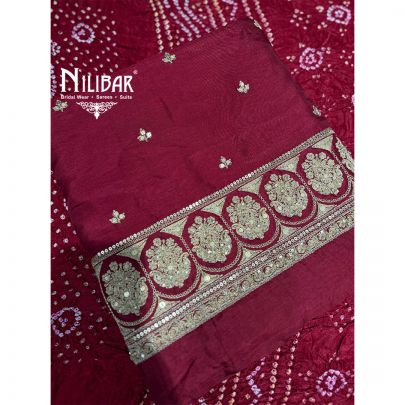 Red Silk Unstitched Suit Paired With Silk Bottom & Bandhani Dupatta