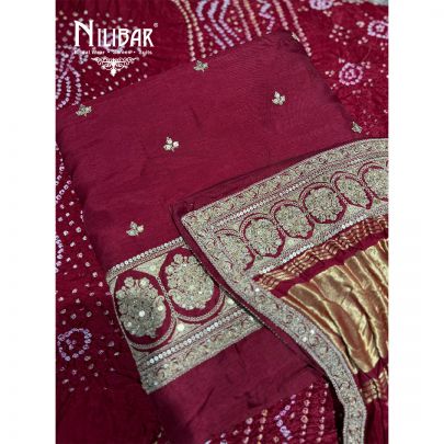 Red Silk Unstitched Suit Paired With Silk Bottom & Bandhani Dupatta