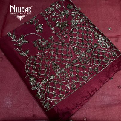 Mehroon Silk Unstitched Suit Paired With Silk Bottom & Heavy Embroidered Organza Dupatta