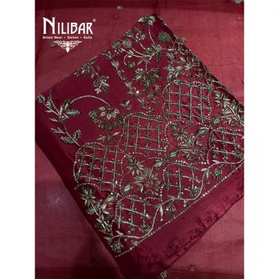 Mehroon Silk Unstitched Suit Paired With Silk Bottom & Heavy Embroidered Organza Dupatta