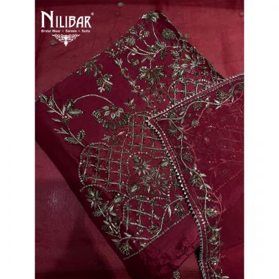 Mehroon Silk Unstitched Suit Paired With Silk Bottom & Heavy Embroidered Organza Dupatta