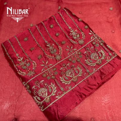 Mehroon Silk Unstitched Suit Paired With Silk Bottom & Heavy Embroidered Organza Dupatta