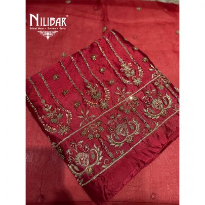 Mehroon Silk Unstitched Suit Paired With Silk Bottom & Heavy Embroidered Organza Dupatta