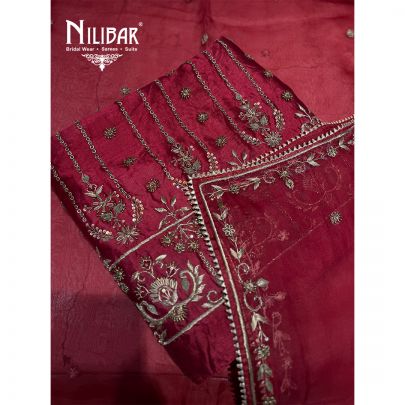 Mehroon Silk Unstitched Suit Paired With Silk Bottom & Heavy Embroidered Organza Dupatta