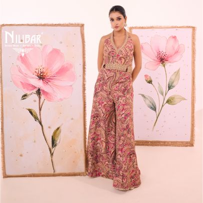 Pink Crop Printed Top Paired With Bell Bottom Pants