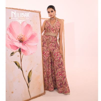 Pink Crop Printed Top Paired With Bell Bottom Pants