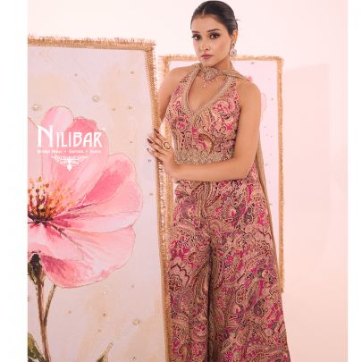 Pink Crop Printed Top Paired With Bell Bottom Pants