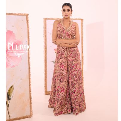 Pink Crop Printed Top Paired With Bell Bottom Pants