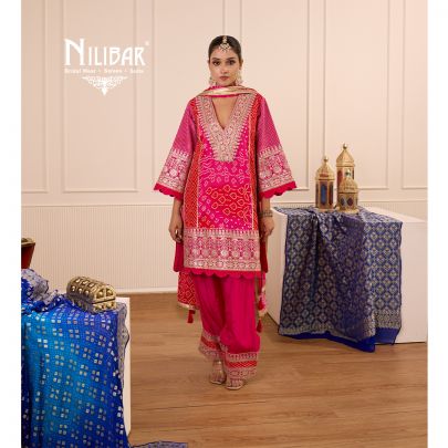 Hot Pink Bandhani Crepe Shirt Paired With Straight Crepe Salwar & Shiffon Dupatta