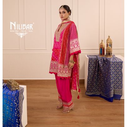 Hot Pink Bandhani Crepe Shirt Paired With Straight Crepe Salwar & Shiffon Dupatta